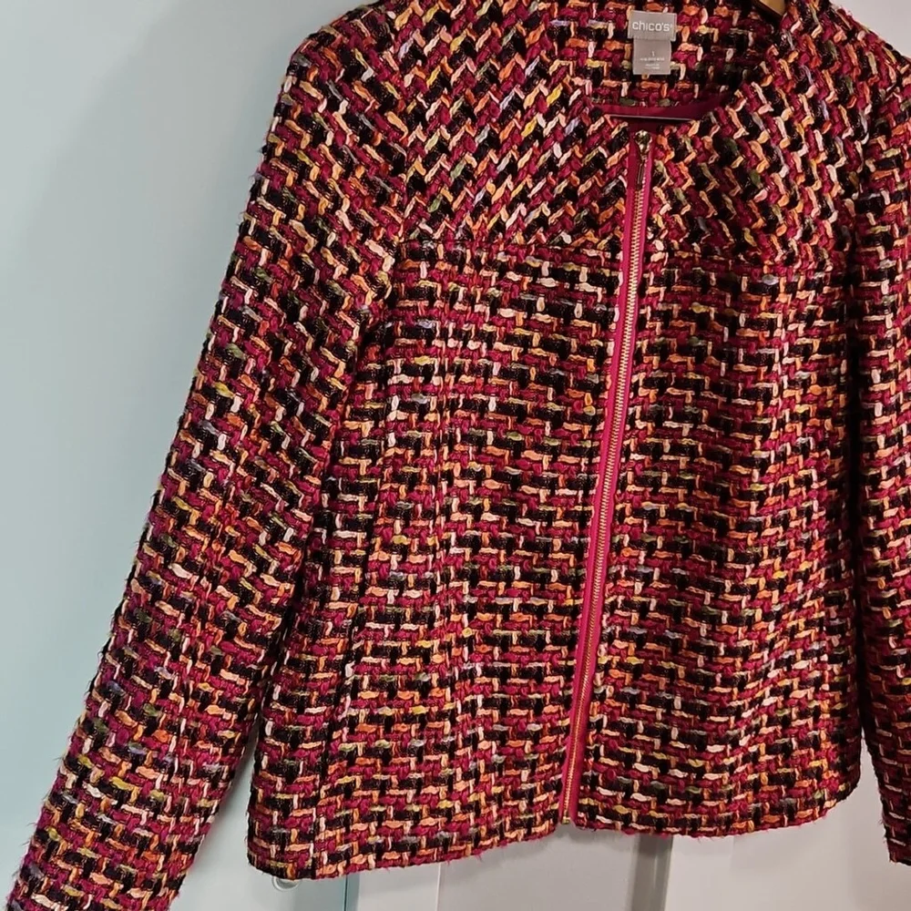 Chico's Pink Blazer with Geometric Pattern and Standard Collar